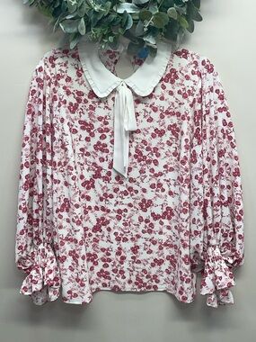 Cece Boho Floral Blouse Peter Pan Collar Tie Neck Puffed Smocked Ruffle Cuffs L